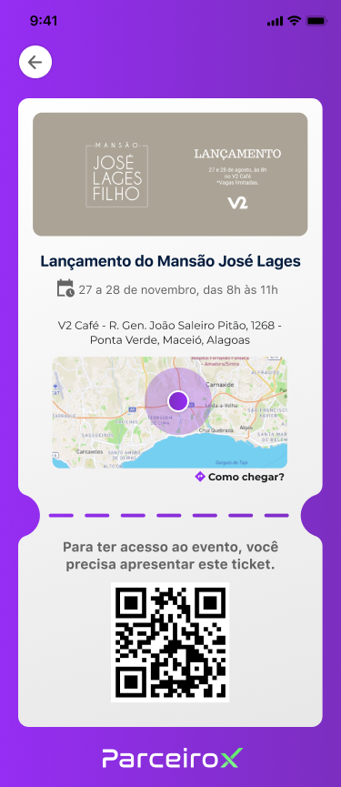 Ticket de evento com QR Code no app ParceiroX